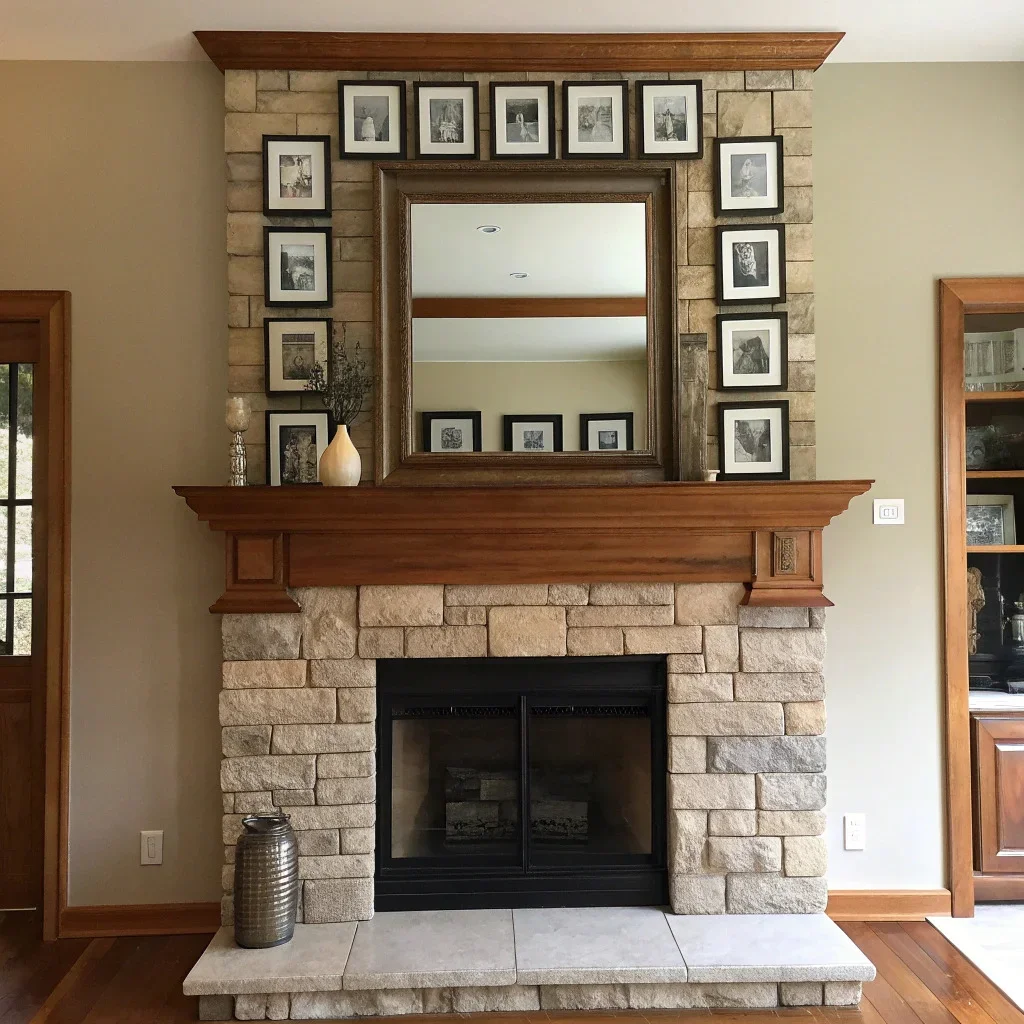 Fireplace wall with a centered grid above the mantel or a mirror flanked by symmetrical stacks of framed photos for a balanced, formal look.