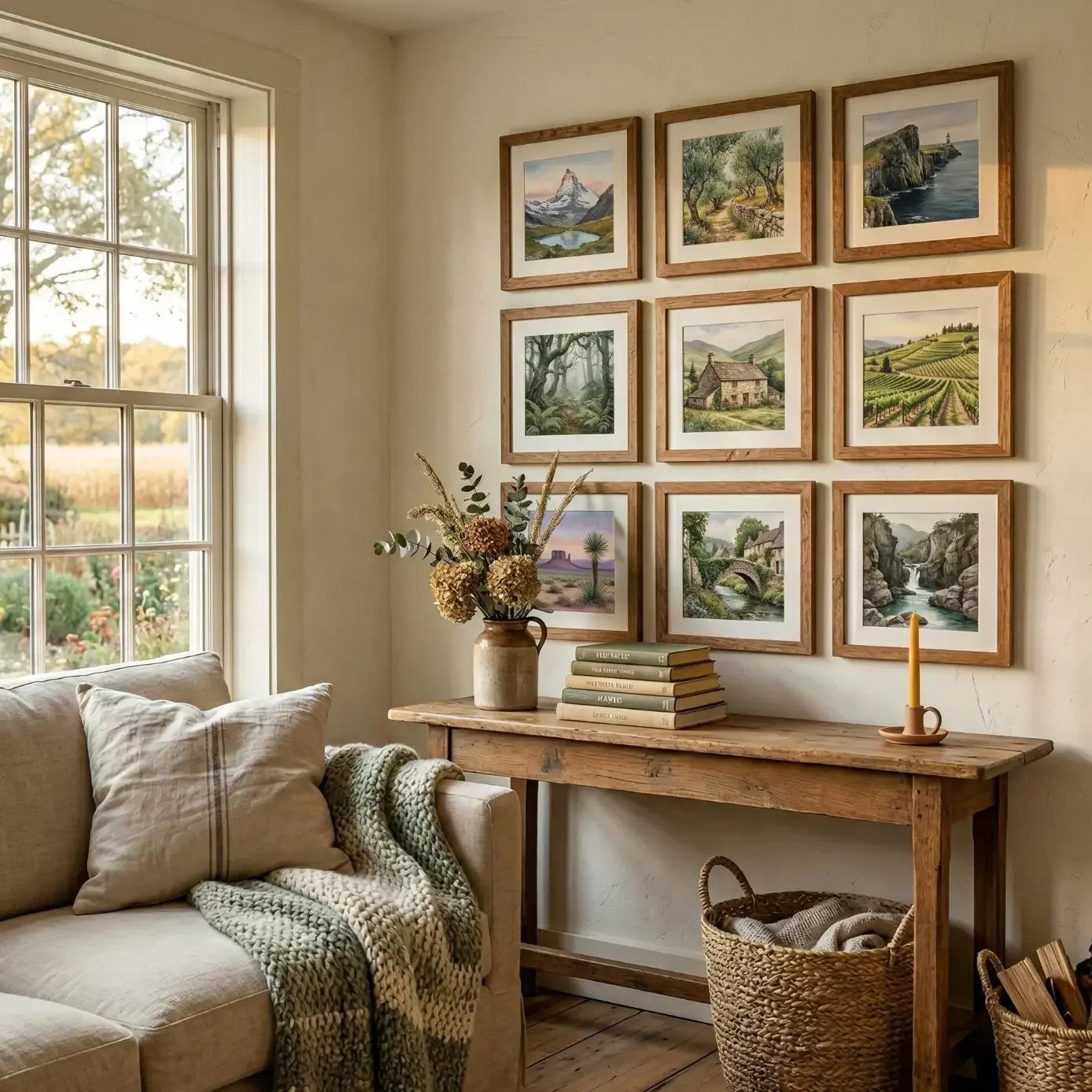 Cozy corner with rustic console table and framed landscape grid