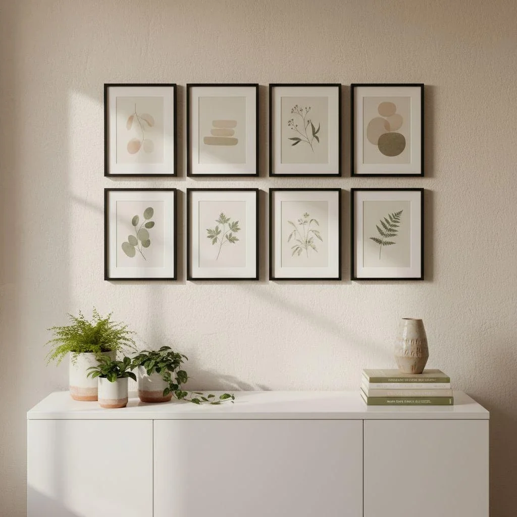 Gallery wall above kitchen console with plants and books