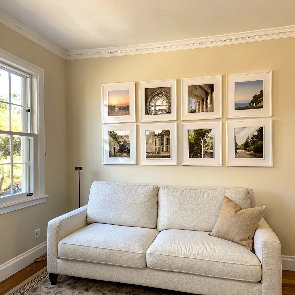 Minimalist living room with a clean photo grid of slim, matte-framed pictures above a neutral sofa, showing how scaled-up, cohesive wall art anchors the room with calm composition, generous white space, and intentional balance.