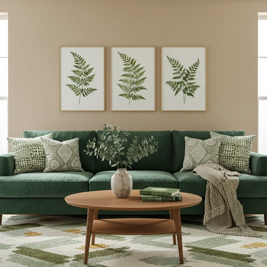 three fern prints above dark green sectional