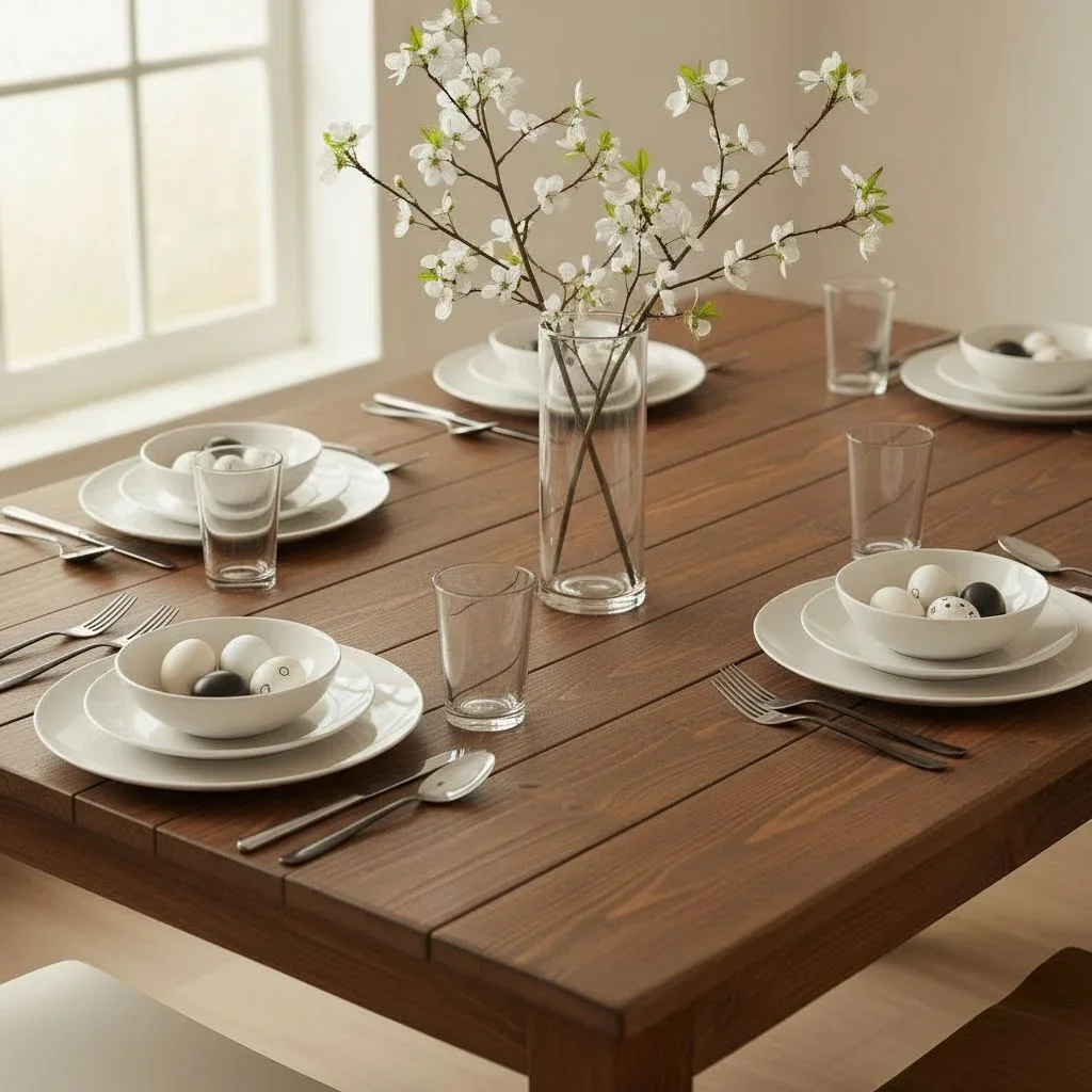 Modern minimalist Easter table with flowering branch centerpiece