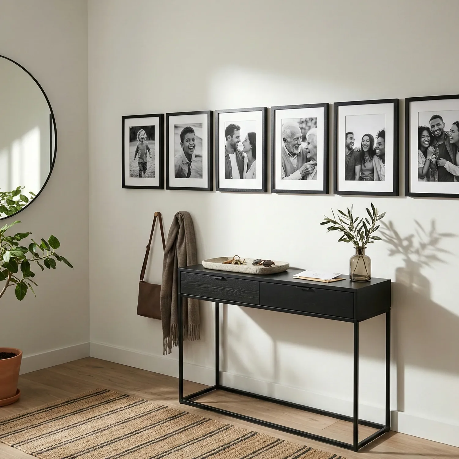 Entryway console with black-and-white photo gallery wall