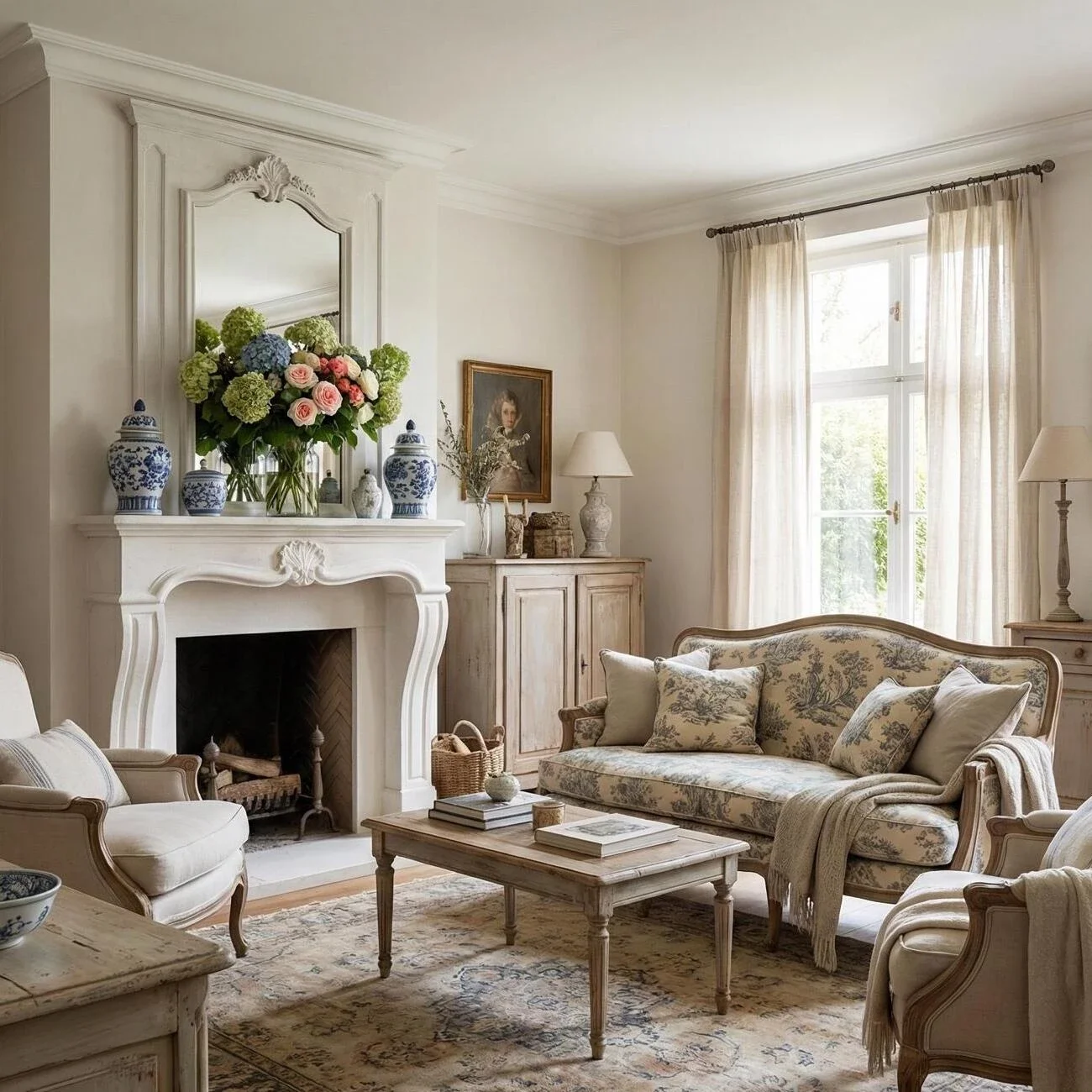 Elegant French-style living room with florals and a carved mantel