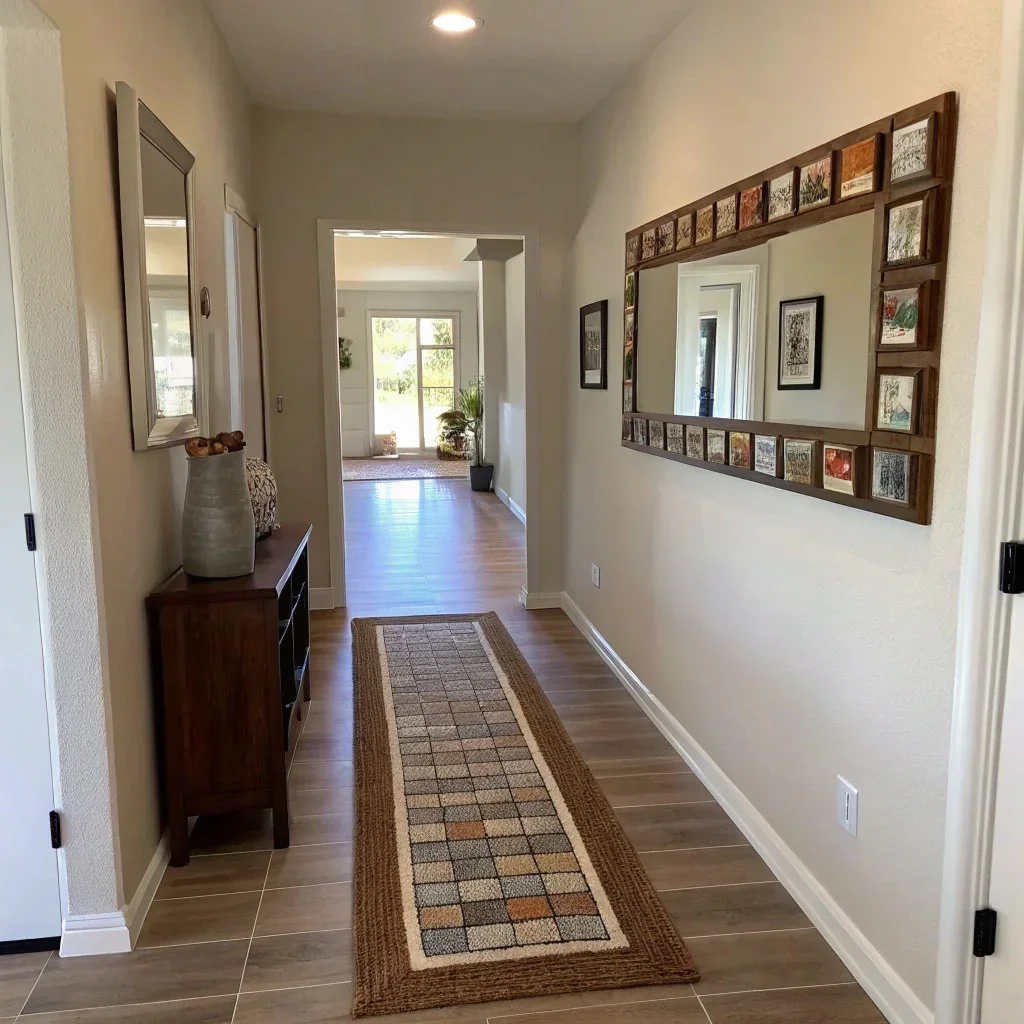 Entryway with a runner rug, wall mirror, and DIY photo tiles around a mirror that tells a family story.