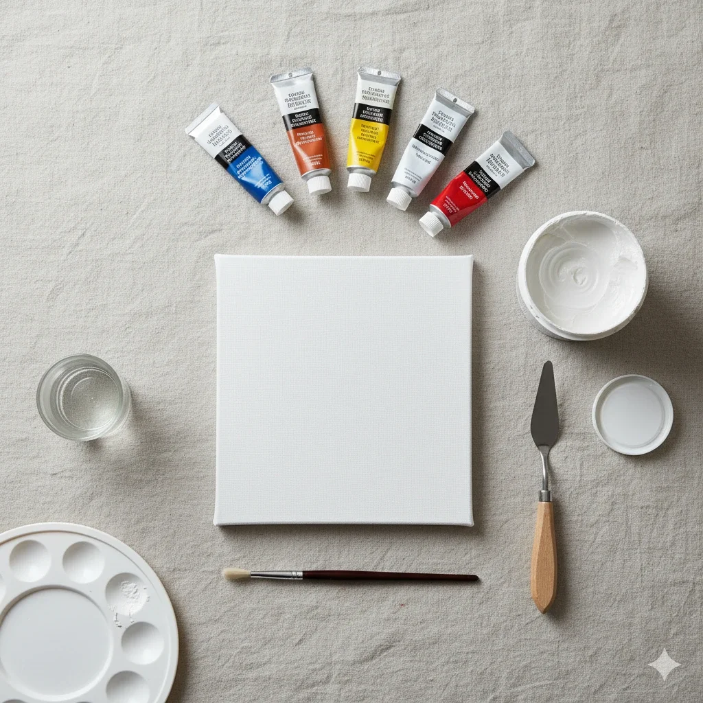 blank square canvas with paints, brush, and palette knife