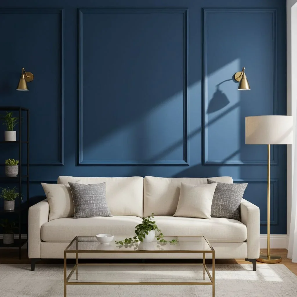 Navy blue picture frame molding accent wall