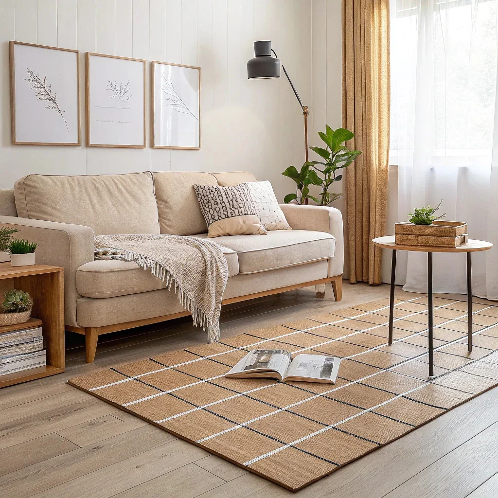Minimalist living room with a clear floor, tidy surfaces, a neutral throw on the sofa, and a centered row of frames above it for an instant calm update.