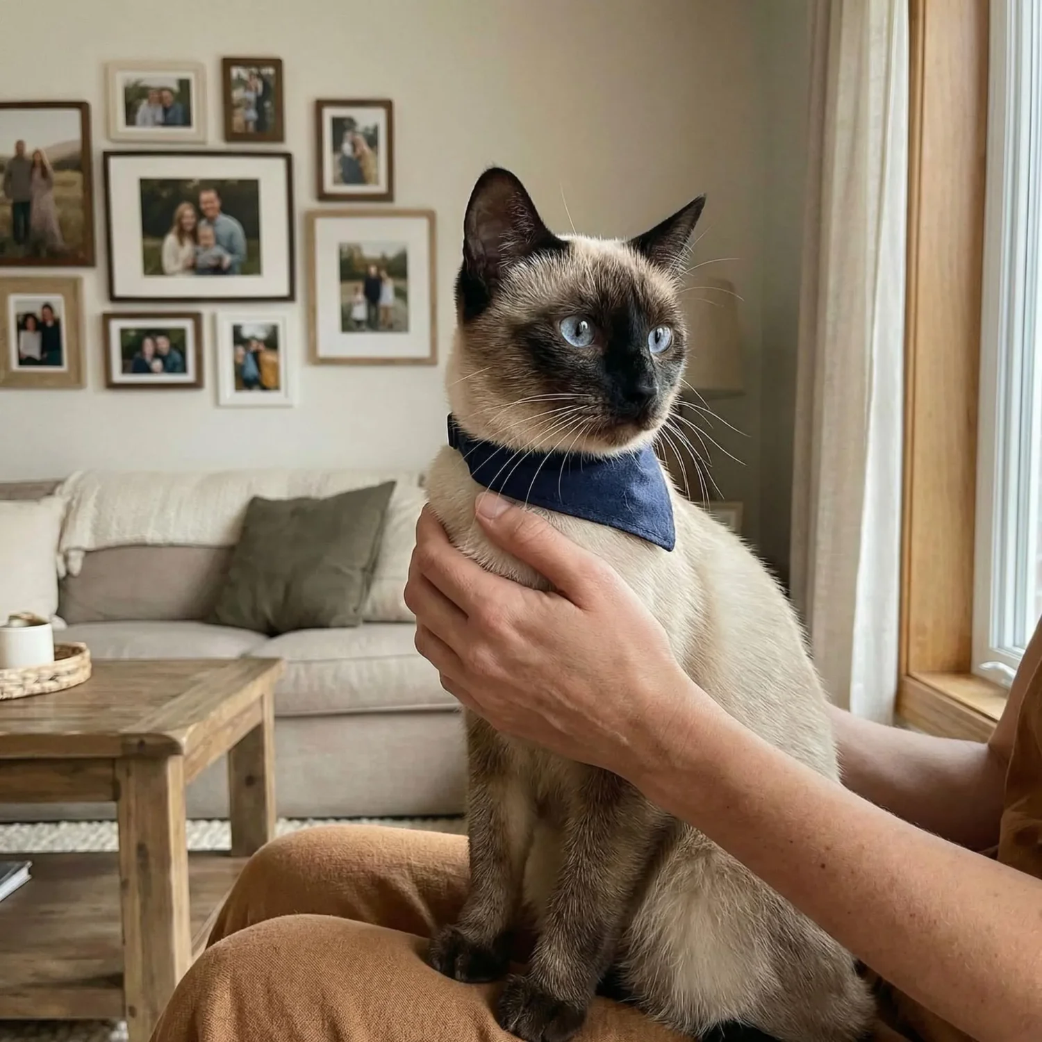 Siamese cat with blue eyes cradled in hands indoors