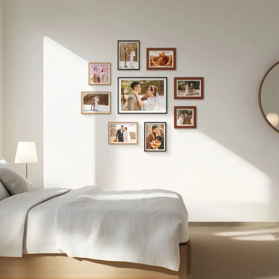 Sunlit bedroom with wedding photo gallery above the bed