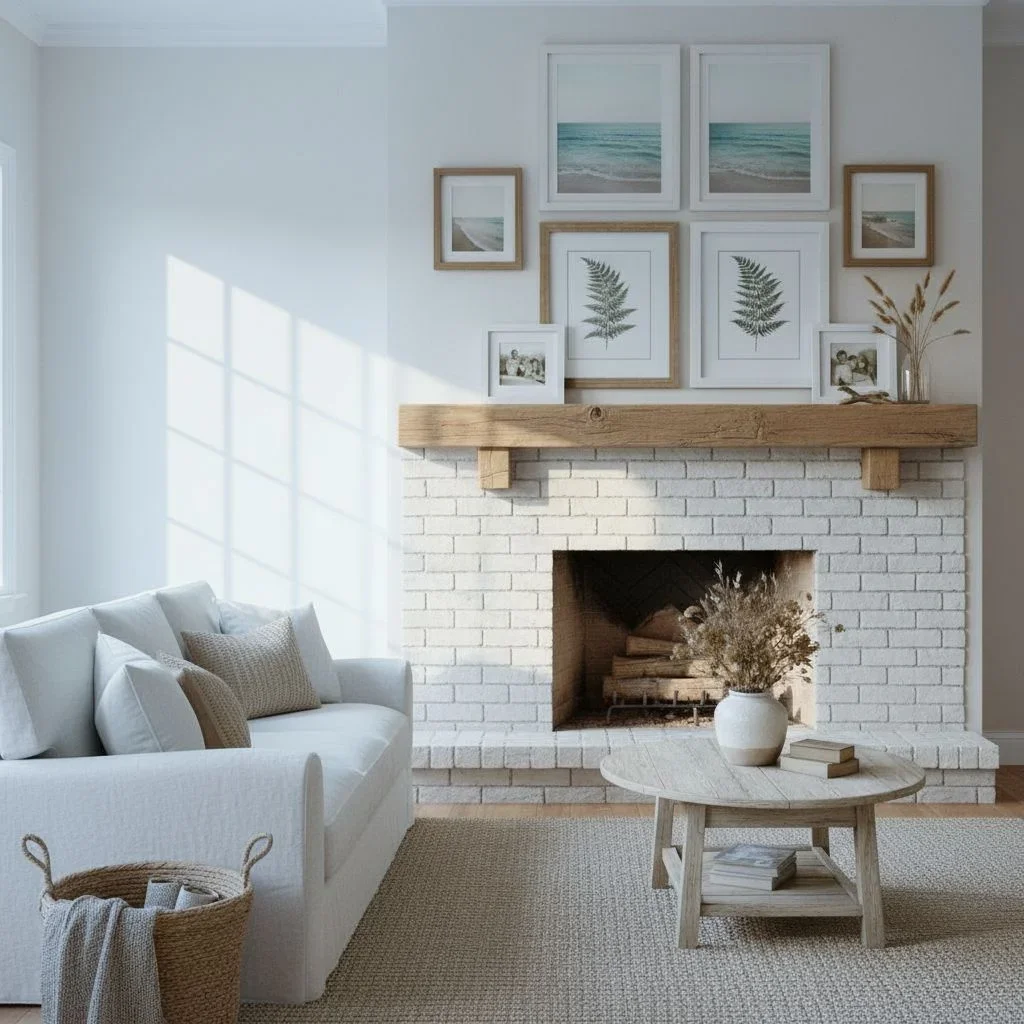 White brick fireplace and light floral accents for coastal feel