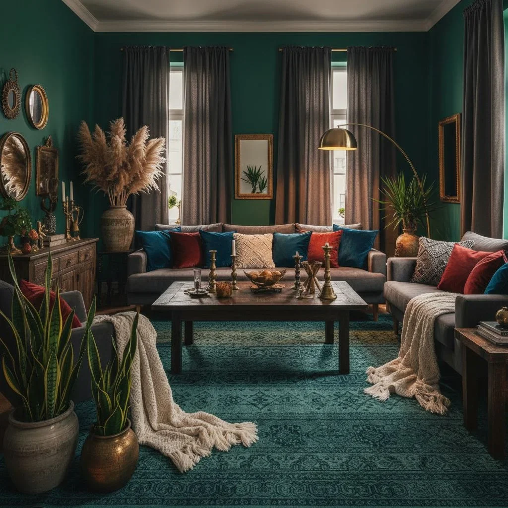 Jewel-toned moody boho room with dramatic colors