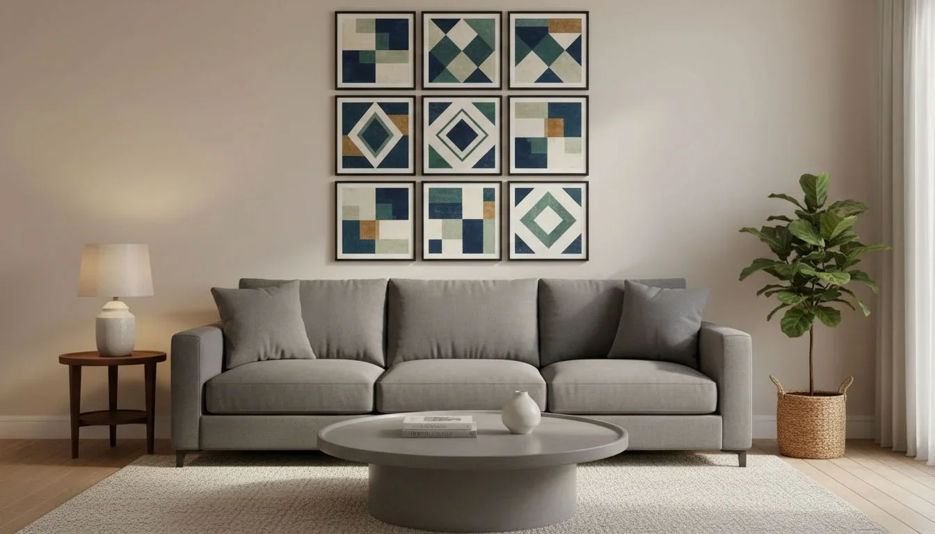 Nine-tile square grid above standard sofa