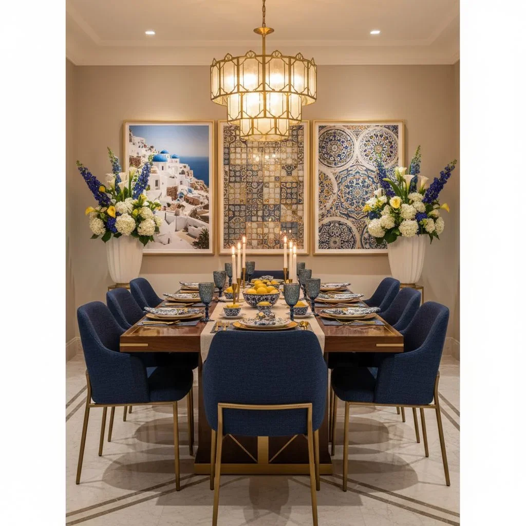 Art Deco dining room with triptych wall art