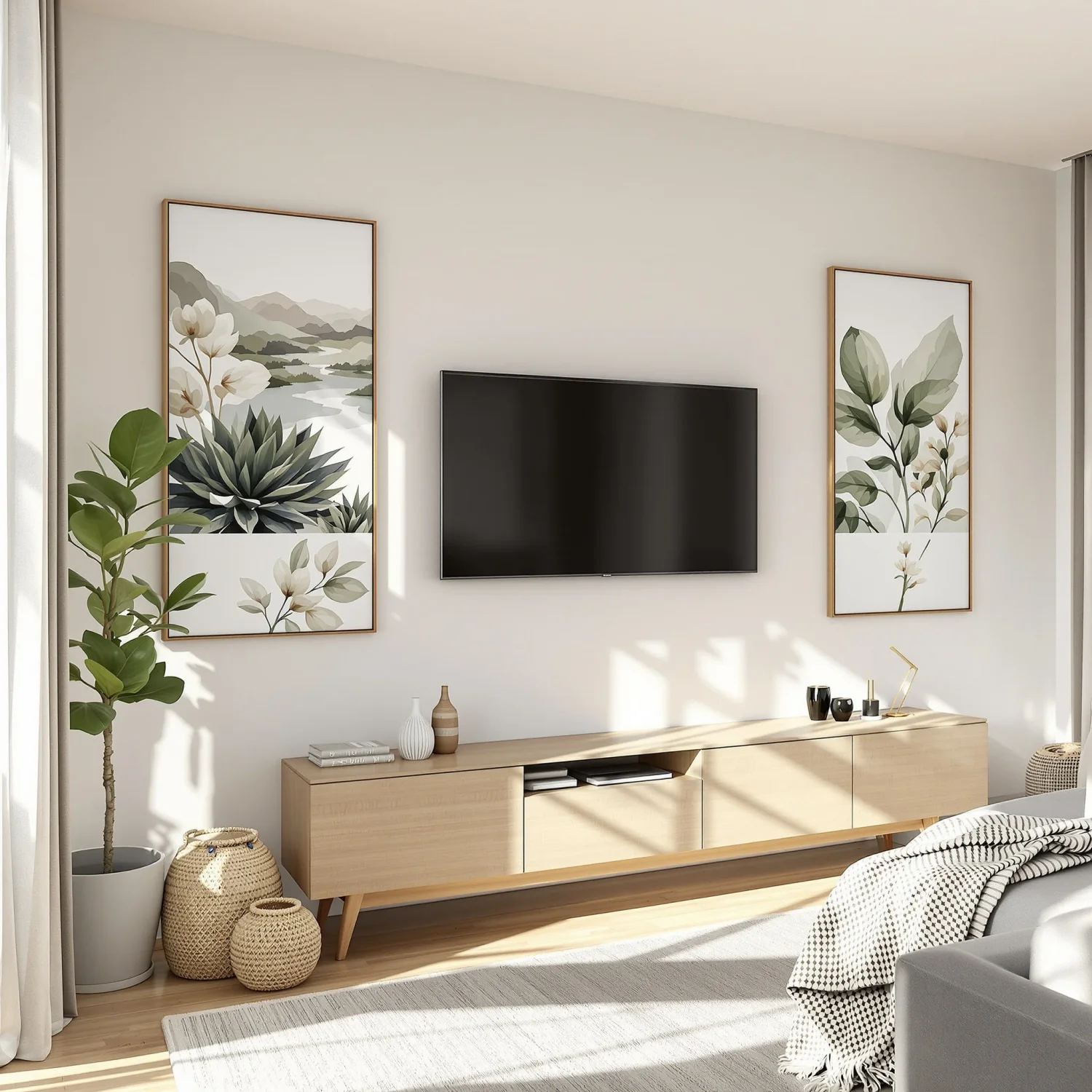 Natural light and warm living areas with botanical framed pictures and wooden console above TV.