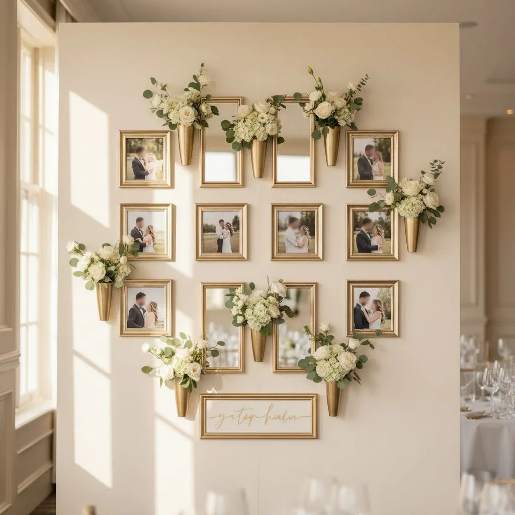 Elegant wedding wall decor with gold and florals