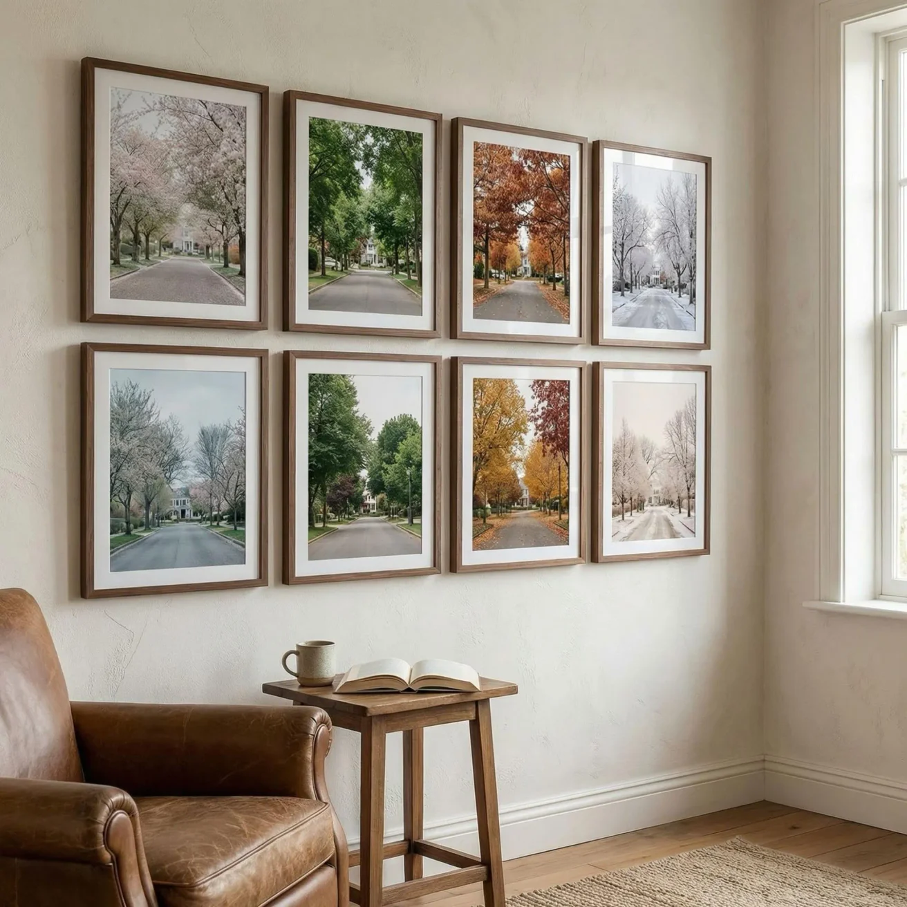 Seasonal framed photo series in cozy reading nook