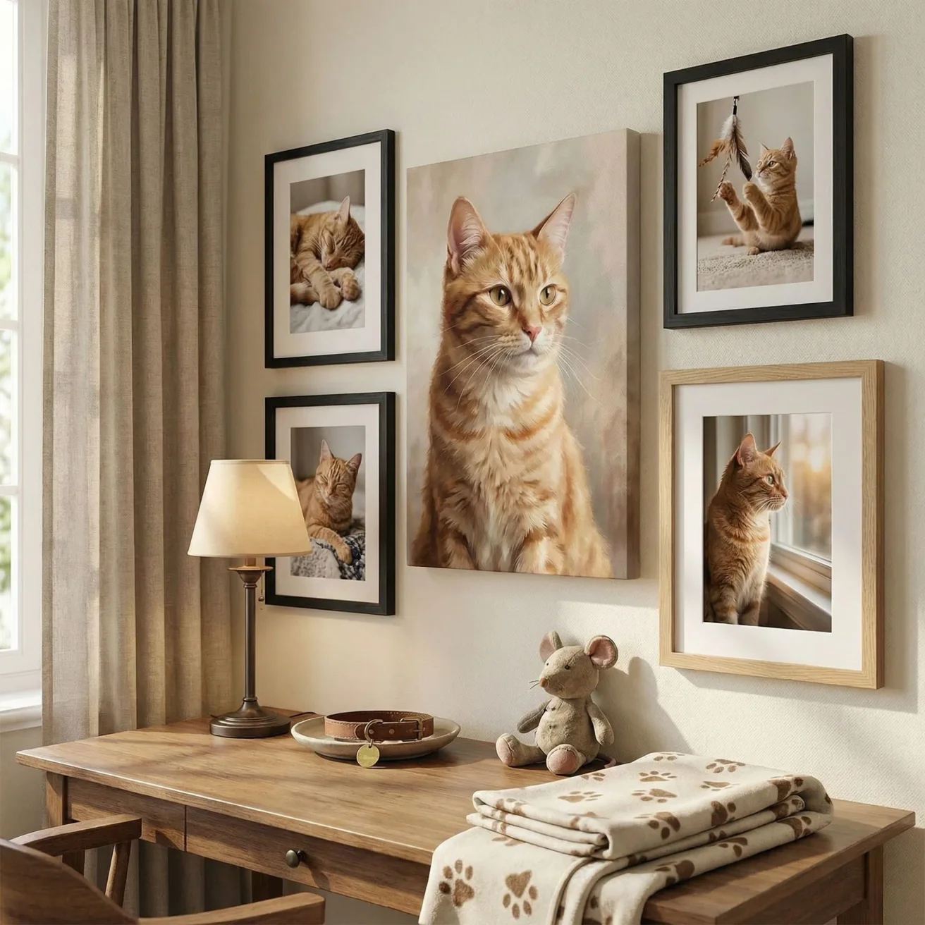 Home office pet memorial wall with cat framed photos