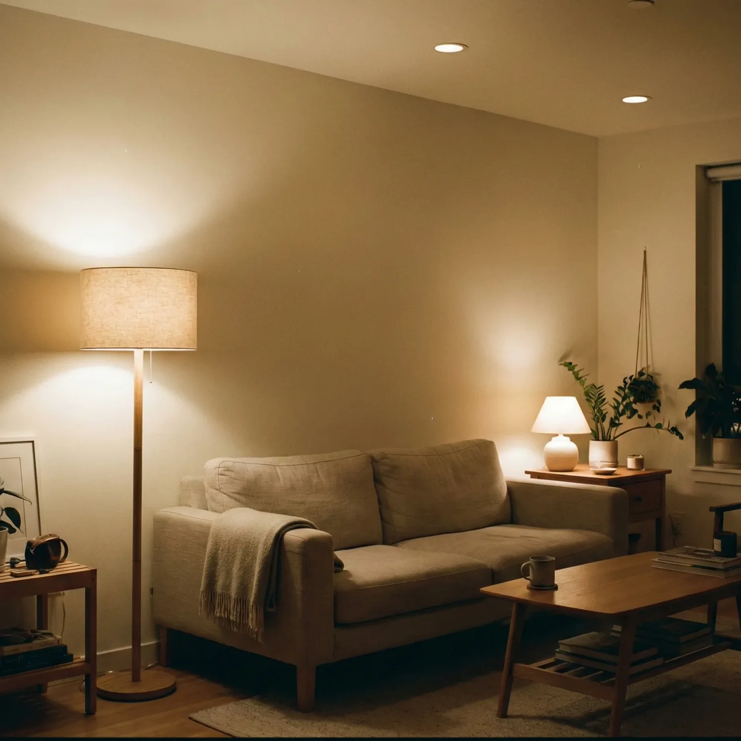 Cozy night living room with beige sofa, lamps, and coffe table.