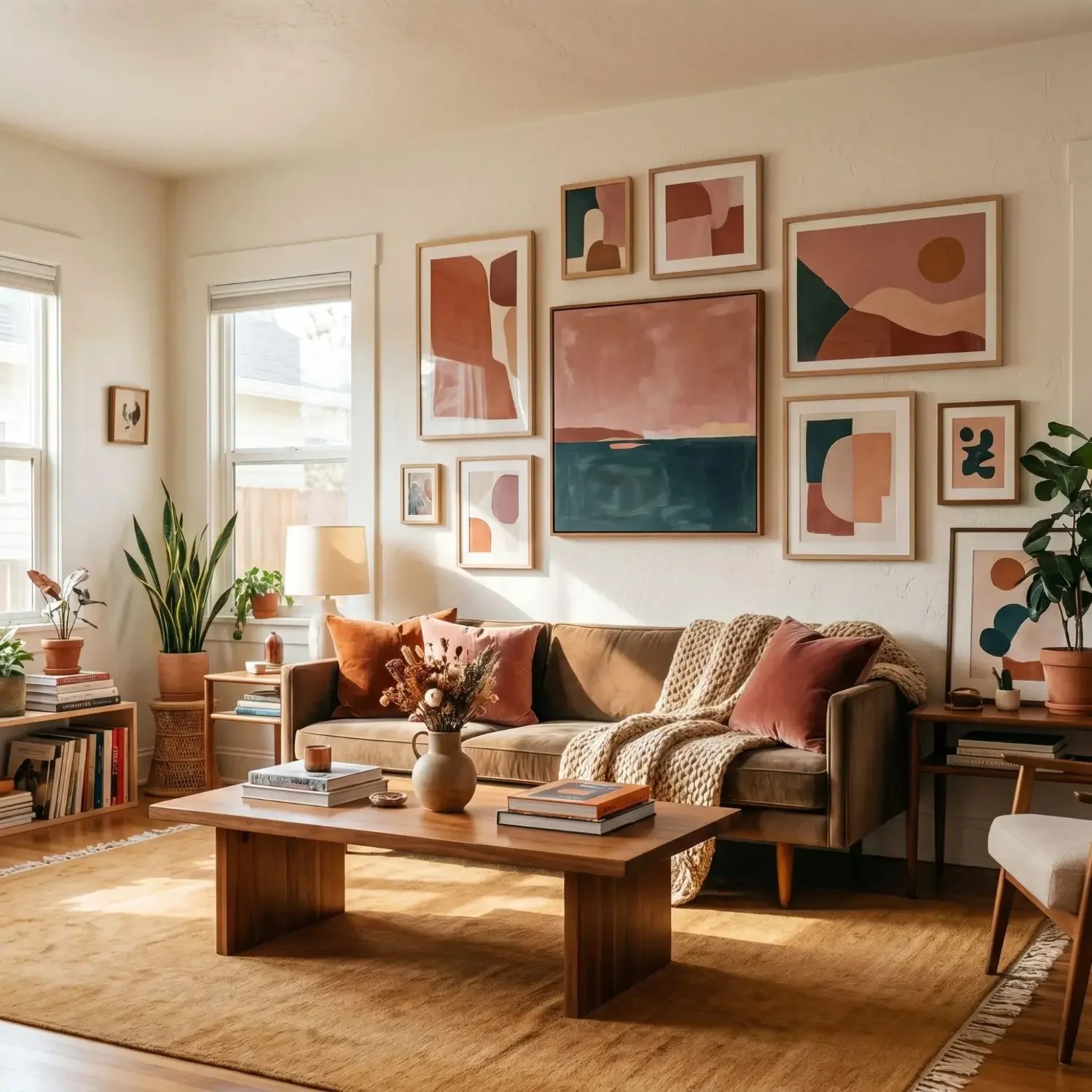 Living room gallery wall with abstract framed art