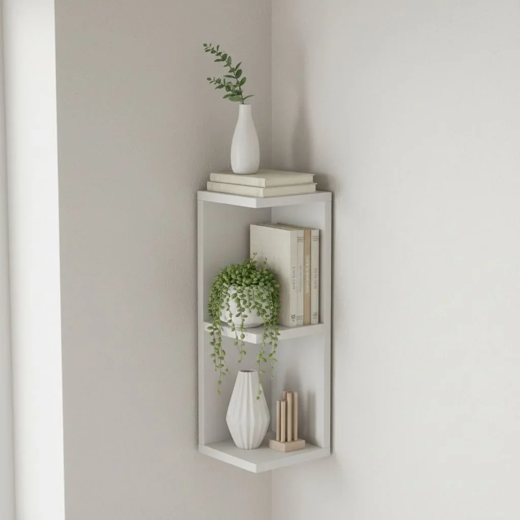 Corner shelf with vertical decor and plants