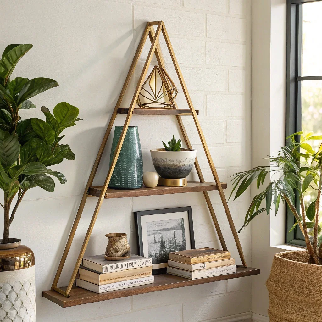 Shelves styled using the triangle rule, with a tall vase, books with a bowl, and a low framed picture forming gentle height peaks.