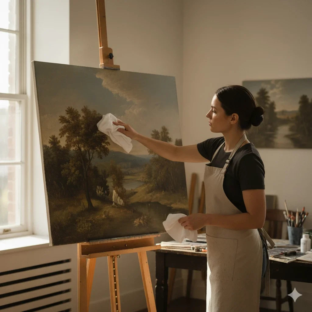 artist gently drying landscape canvas on studio easel