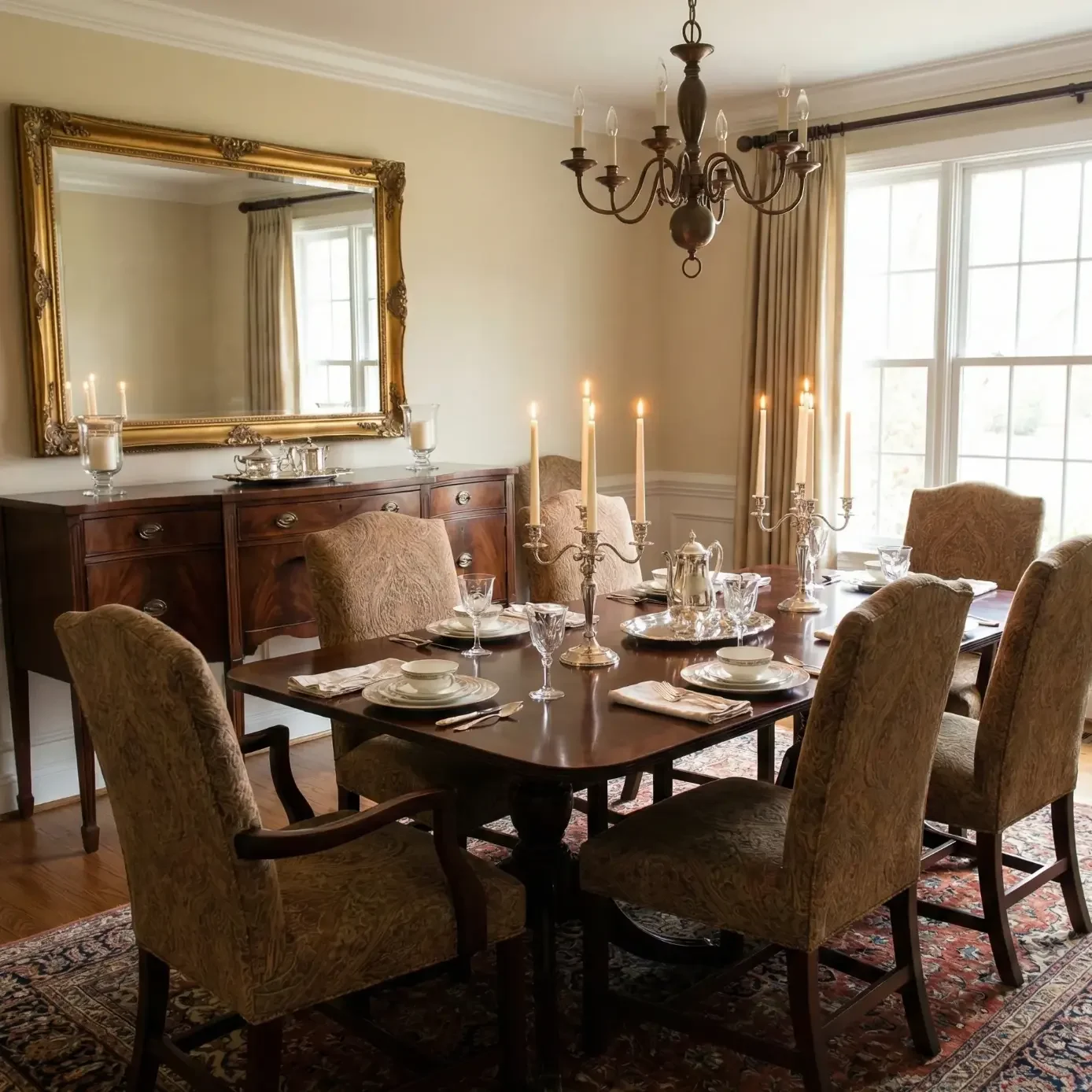 Classic dining space with ornate mirror and upholstered chairs