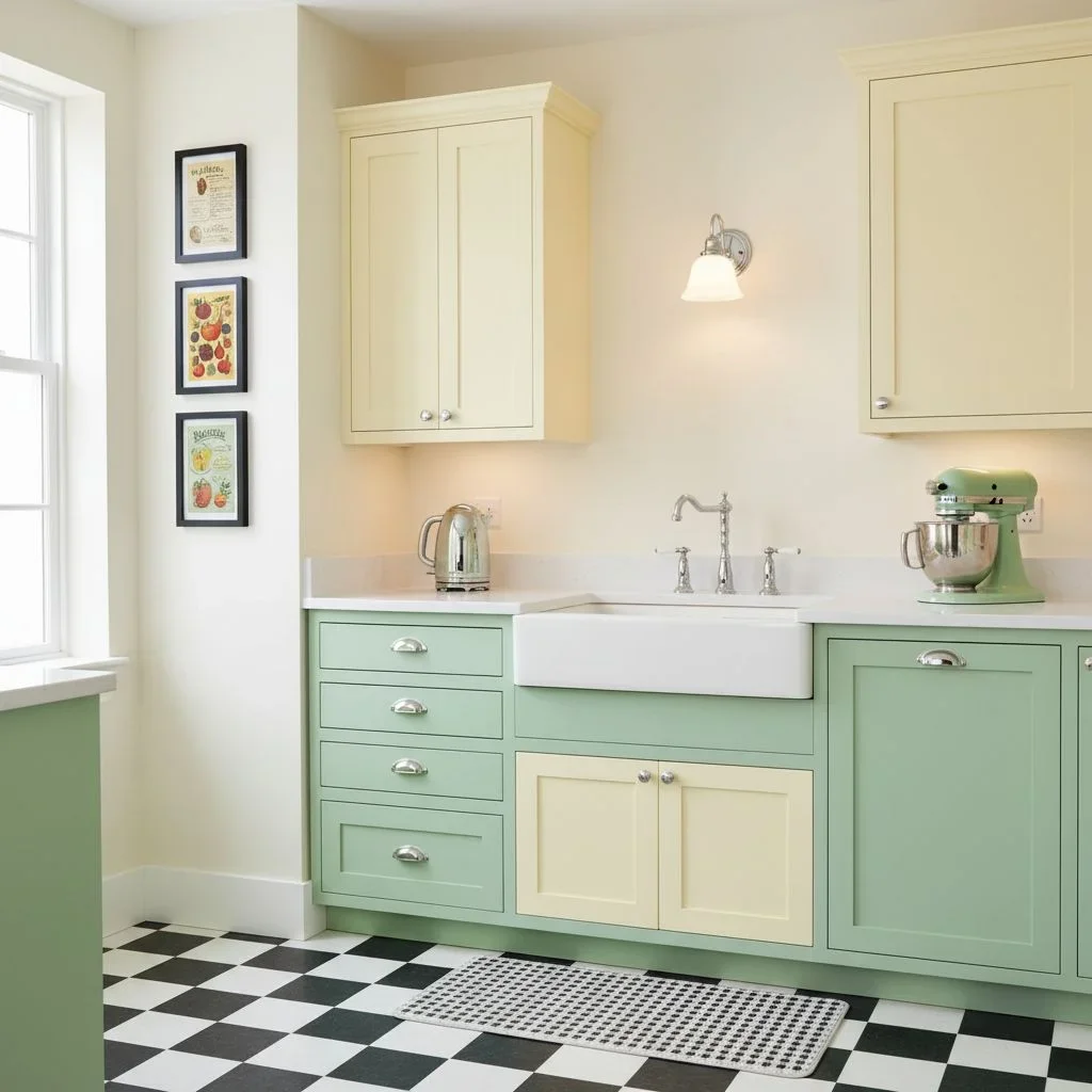 Pastel and checkerboard 1930s kitchen design