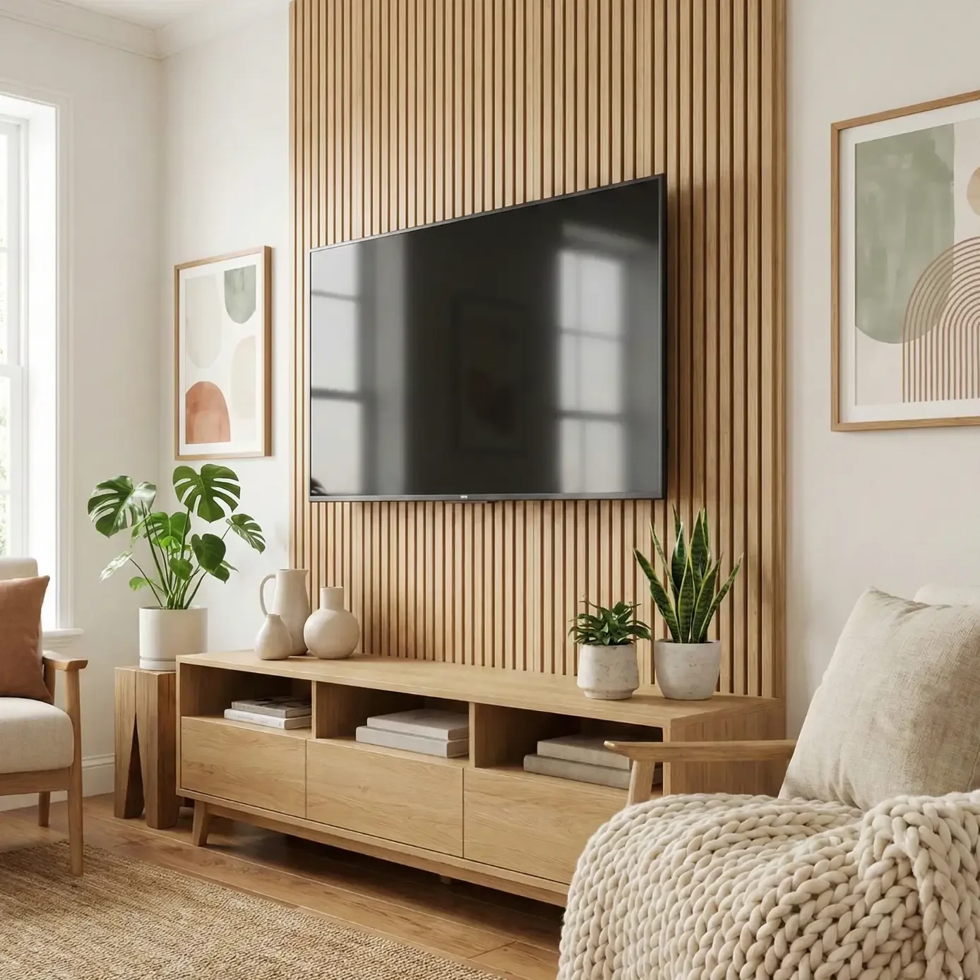 Wall-mounted TV on wood slat panel with console and plants.