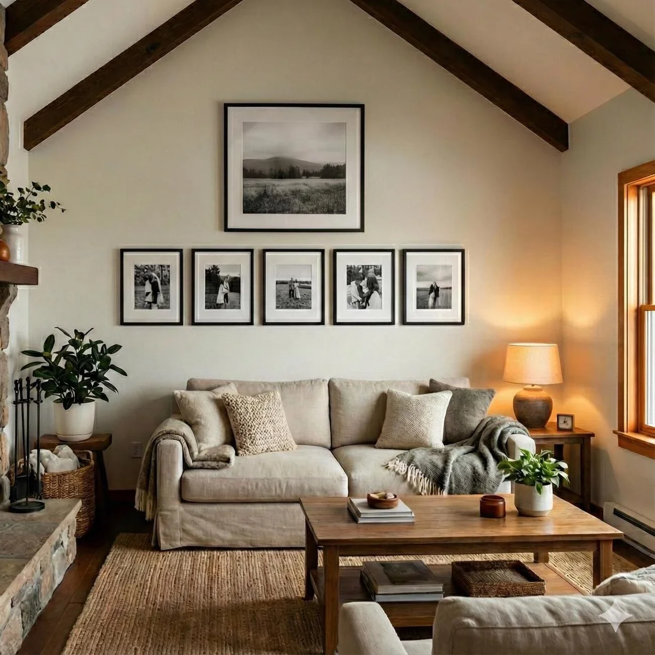 Warm rustic living room featuring photo gallery and wood beams