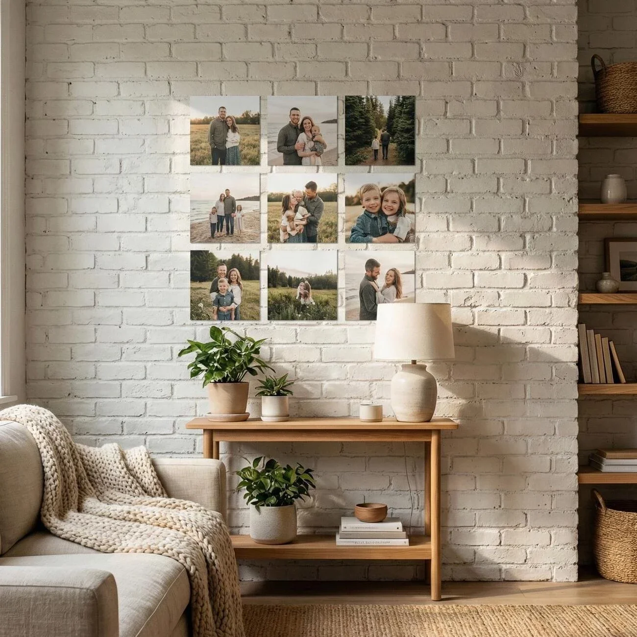 Family photo collage on white brick wall above console table
