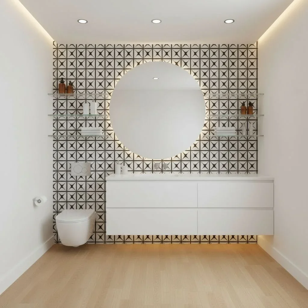 Bright bathroom with floating vanity and glass shelves