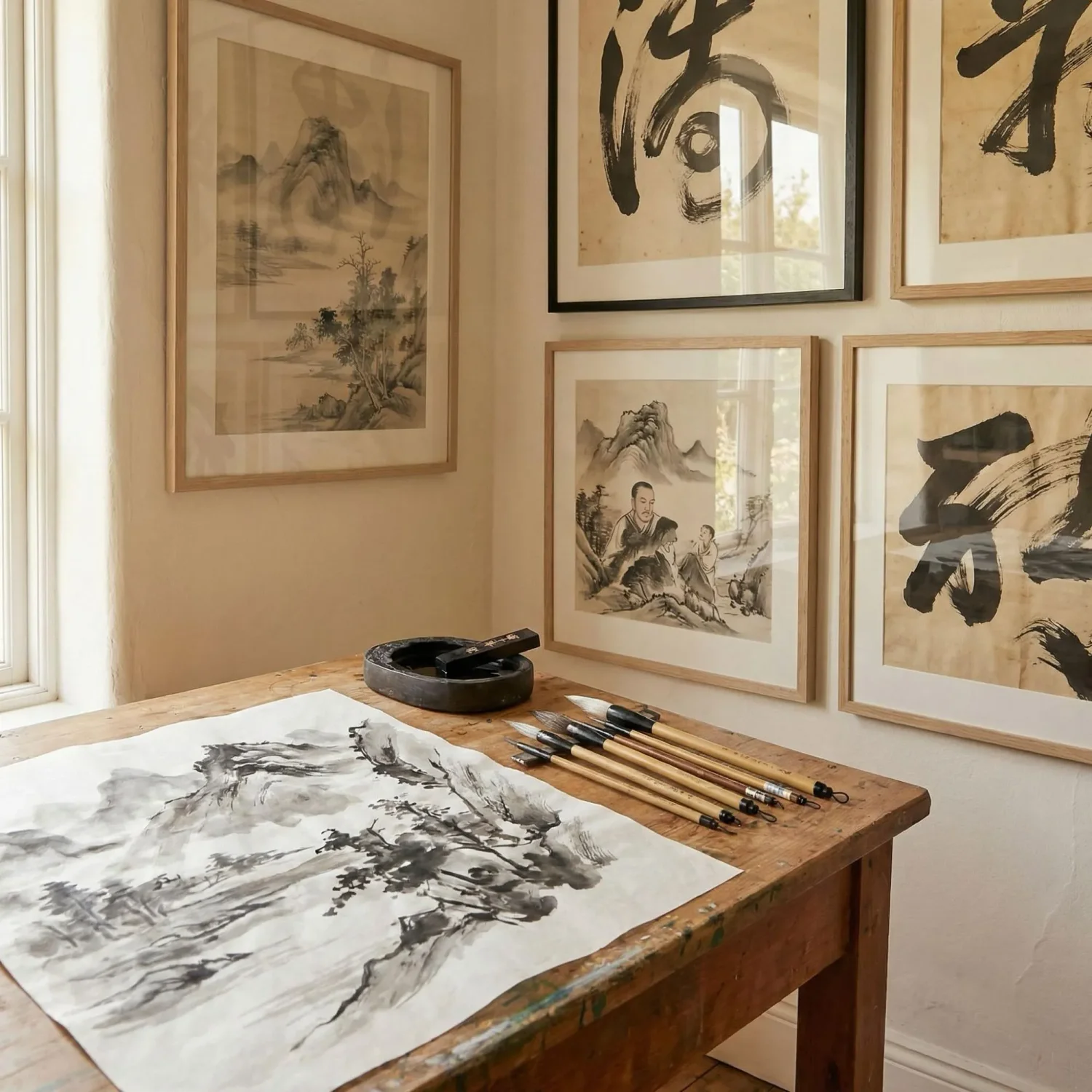 Ink wash brushstrokes and framed calligraphy art nook