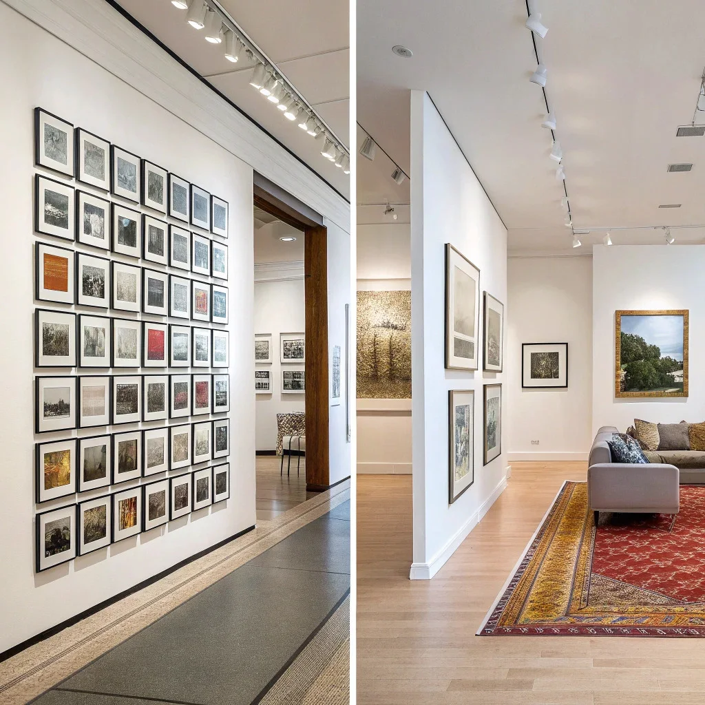 Maximalist gallery wall mixing family photos, travel shots, art prints, and bold abstracts in frames.