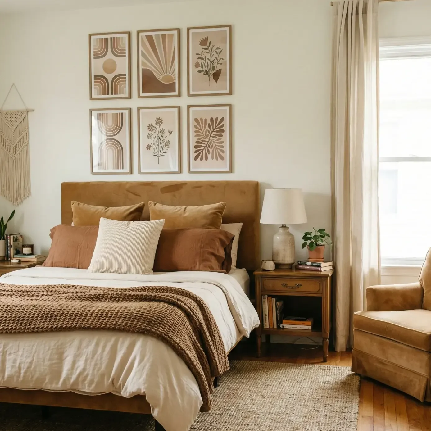 Warm bedroom with tan headboard, art prints, and armchair