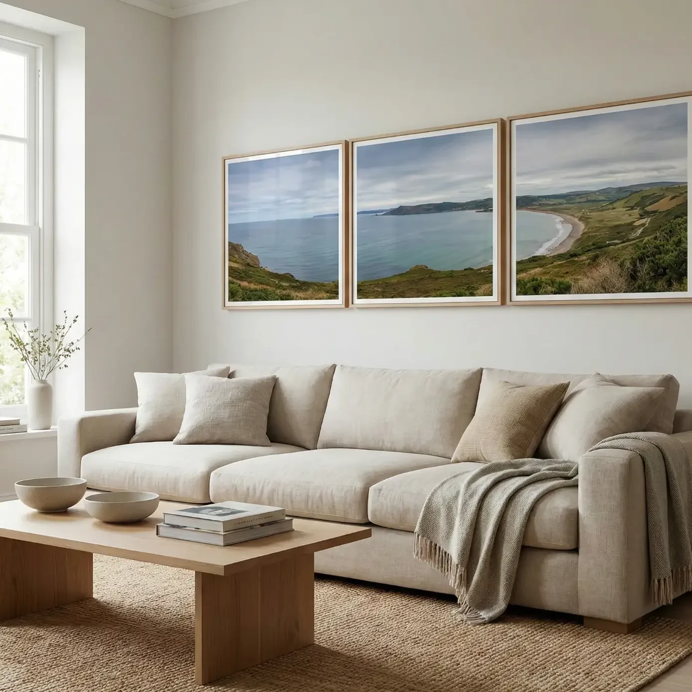 Neutral sofa with coastal triptych prints in airy living room
