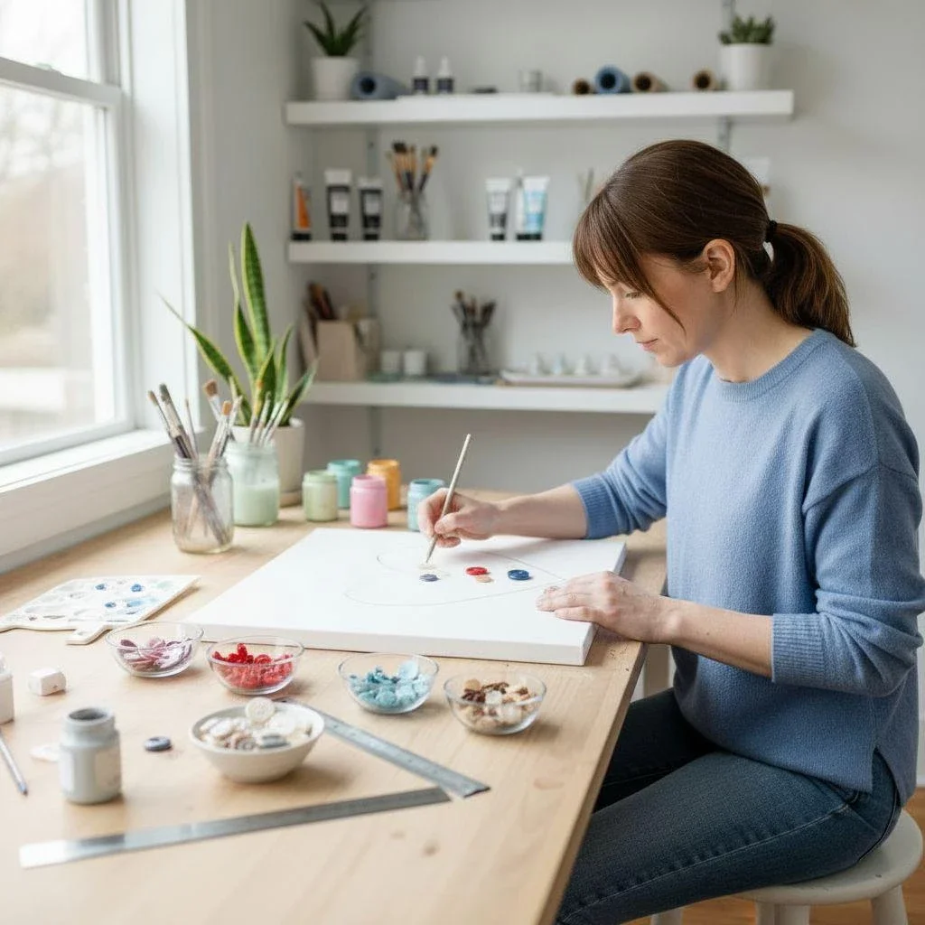 Arranging and gluing buttons on canvas