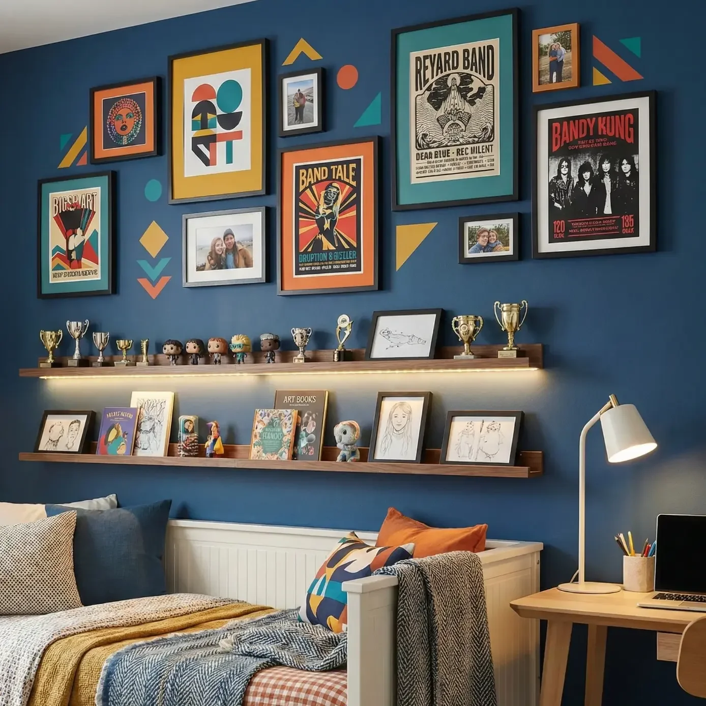 Teen bedroom with blue accent wall, posters, and trophy shelf