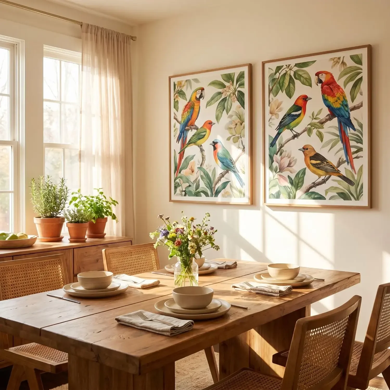 Botanical bird art in bright dining room