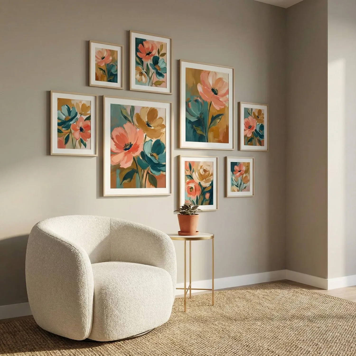 Colorful contemporary living room bold floral wall art