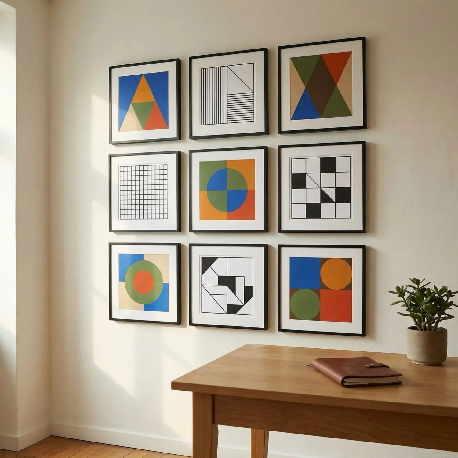 Checkerboard gallery wall color and black-white art