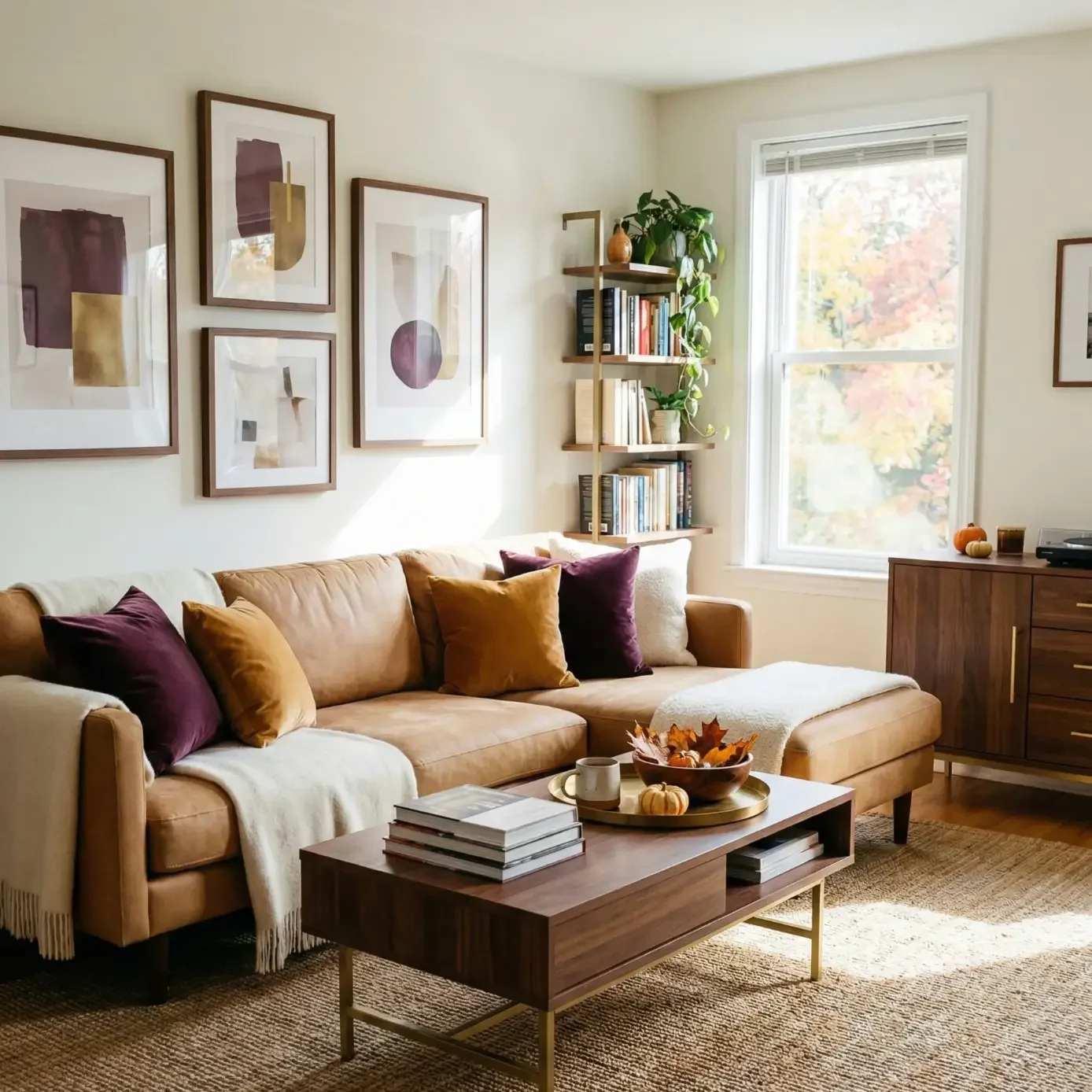 Warm living room with sectional sofa, art prints, and books
