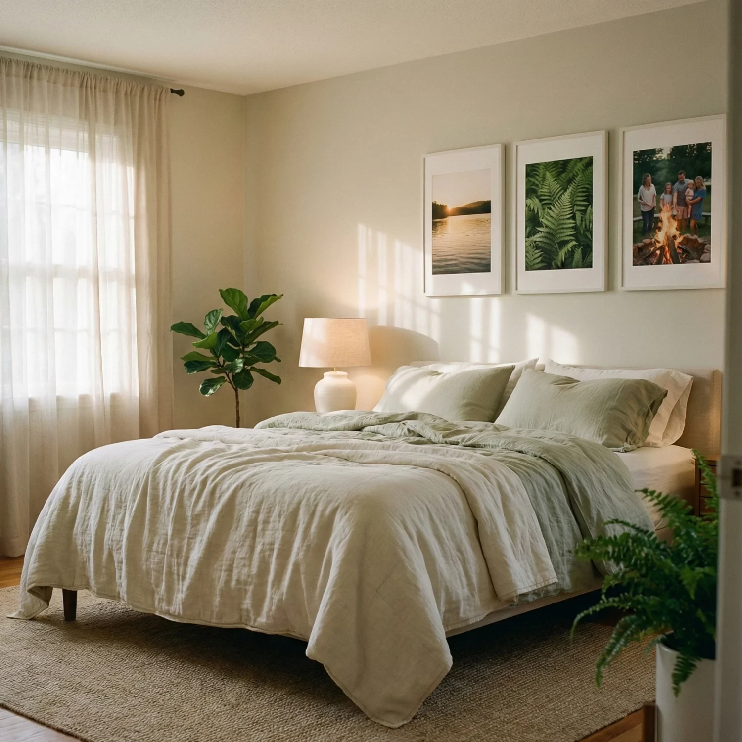 Serene bedroom with soft green bedding and nature wall art