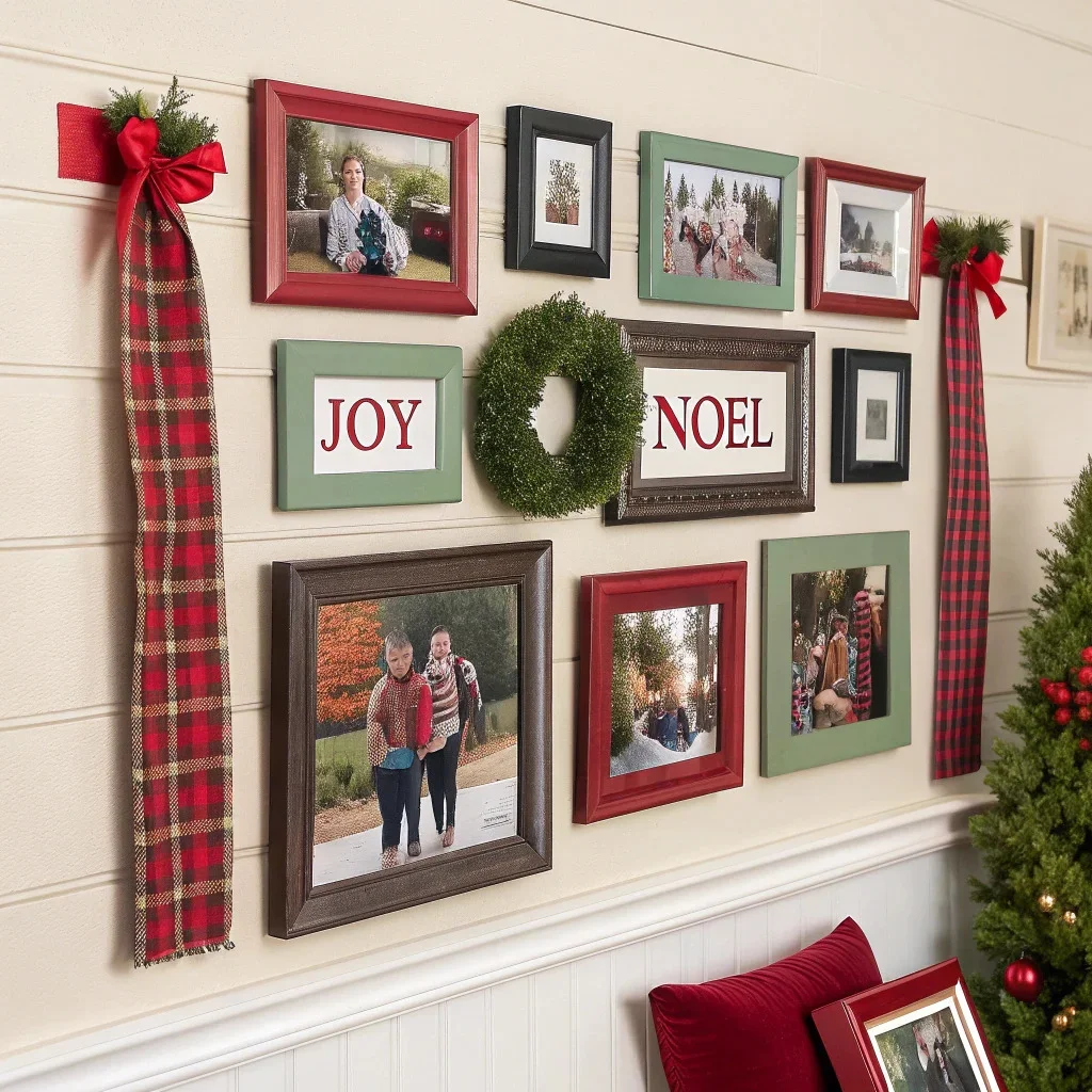 Christmas gallery wall with black or walnut frames featuring family photos in red and green outfits, paired with holiday typography tiles.
