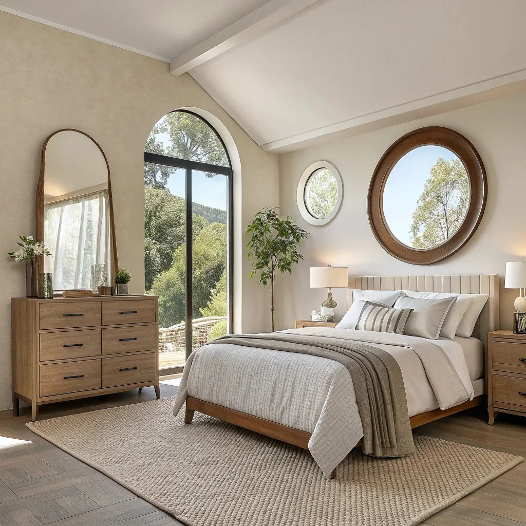 Bedroom with round mirrors above nightstands and a tall leaning mirror that reflects light and adds depth.