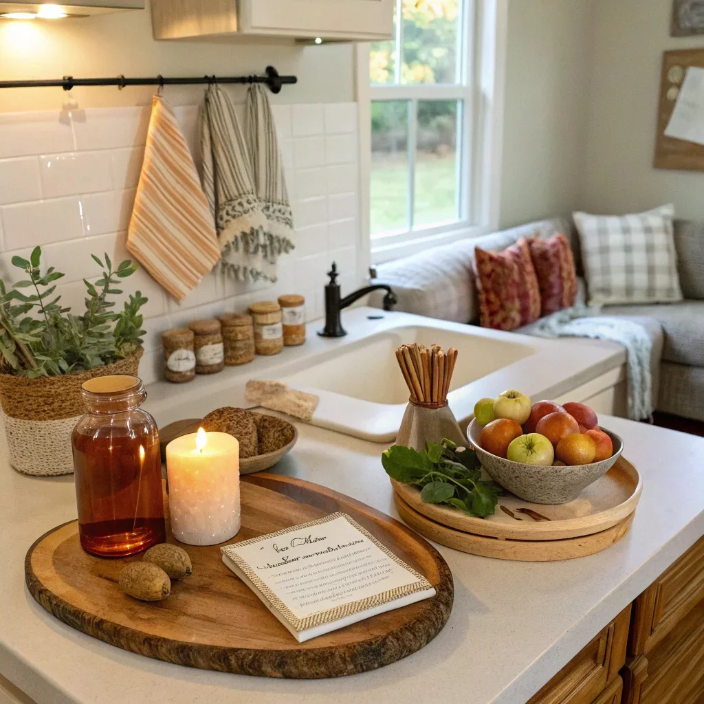 A warm fall kitchen featuring deep-toned tea towels, a wood cutting board, an amber soap dispenser, a ceramic crock of wooden spoons, a styled counter vignette with cinnamon sticks, apples, pears, eucalyptus, and a candle.