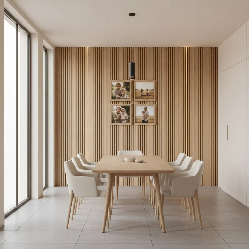 Minimalist dining with vertical oak slat walls
