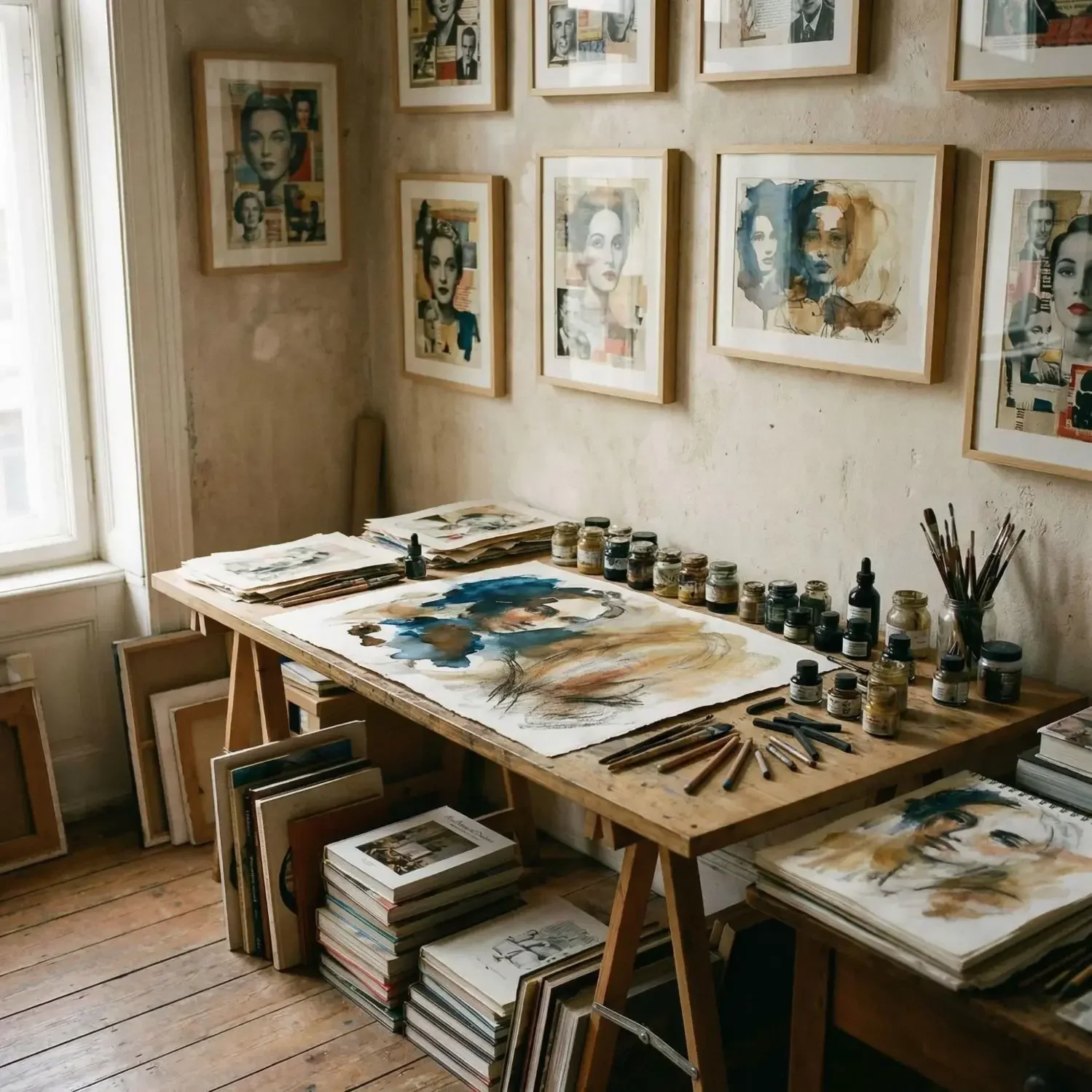 Acrylic paint and dry media layering on art table