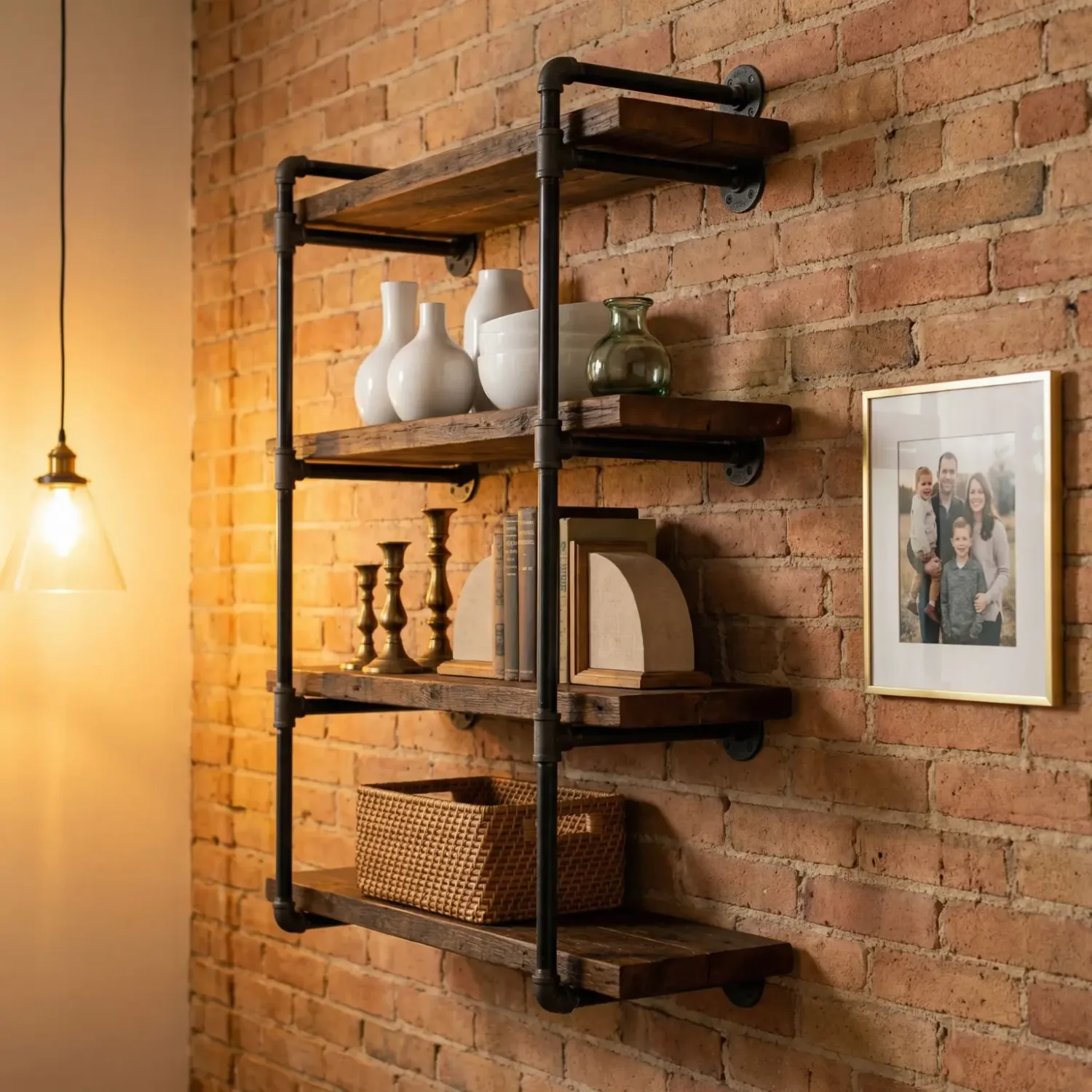 Industrial pipe shelves with ceramics and brass accents